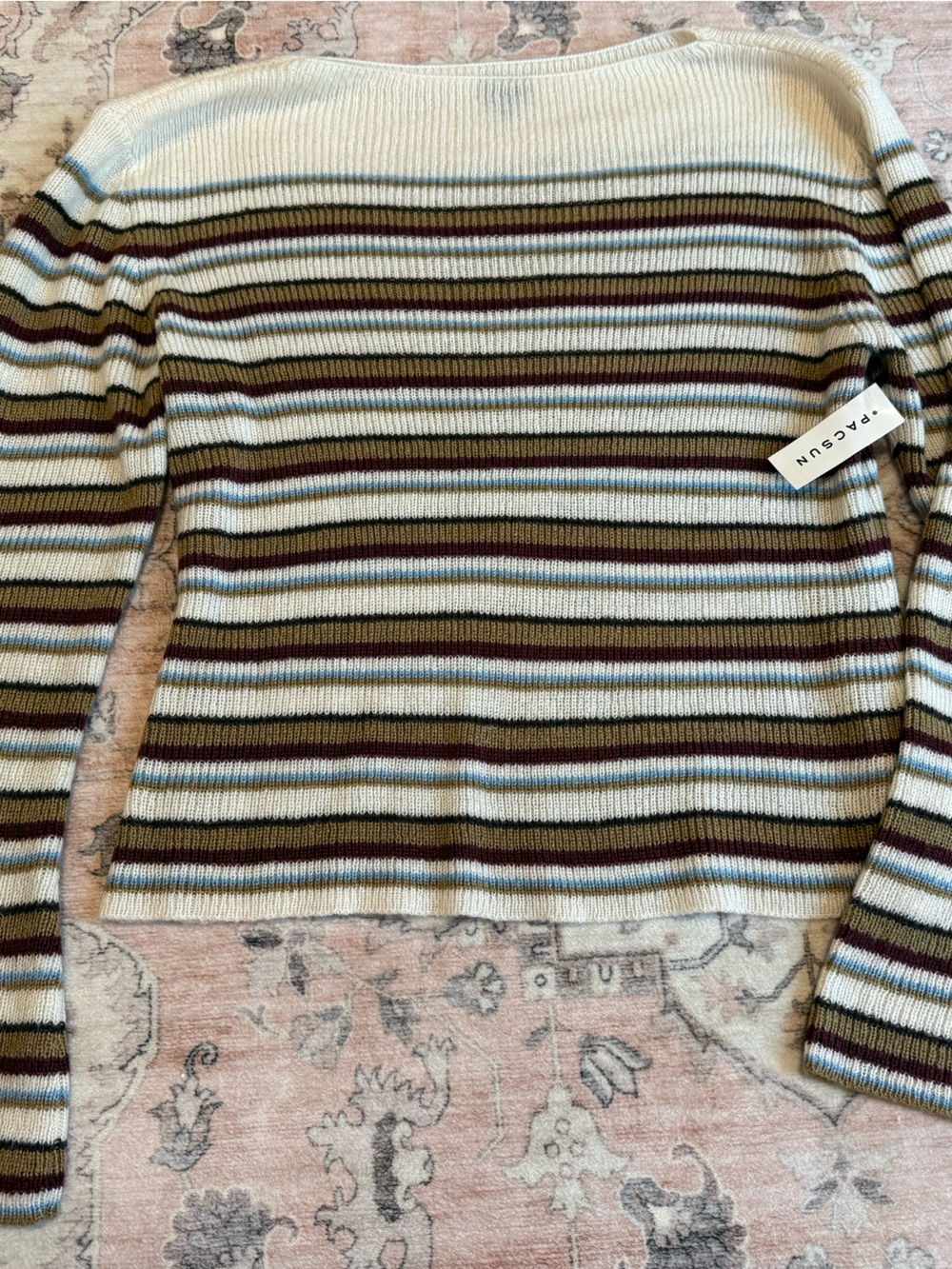 PacSun Fall 🍂🤎🧡 Striped Sweater in Cream, Olive & Brown with Bell Sleeves